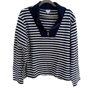 J Crew Striped Quarter Zip Fleece Sweatshirt Navy White XXL Nautical Classic